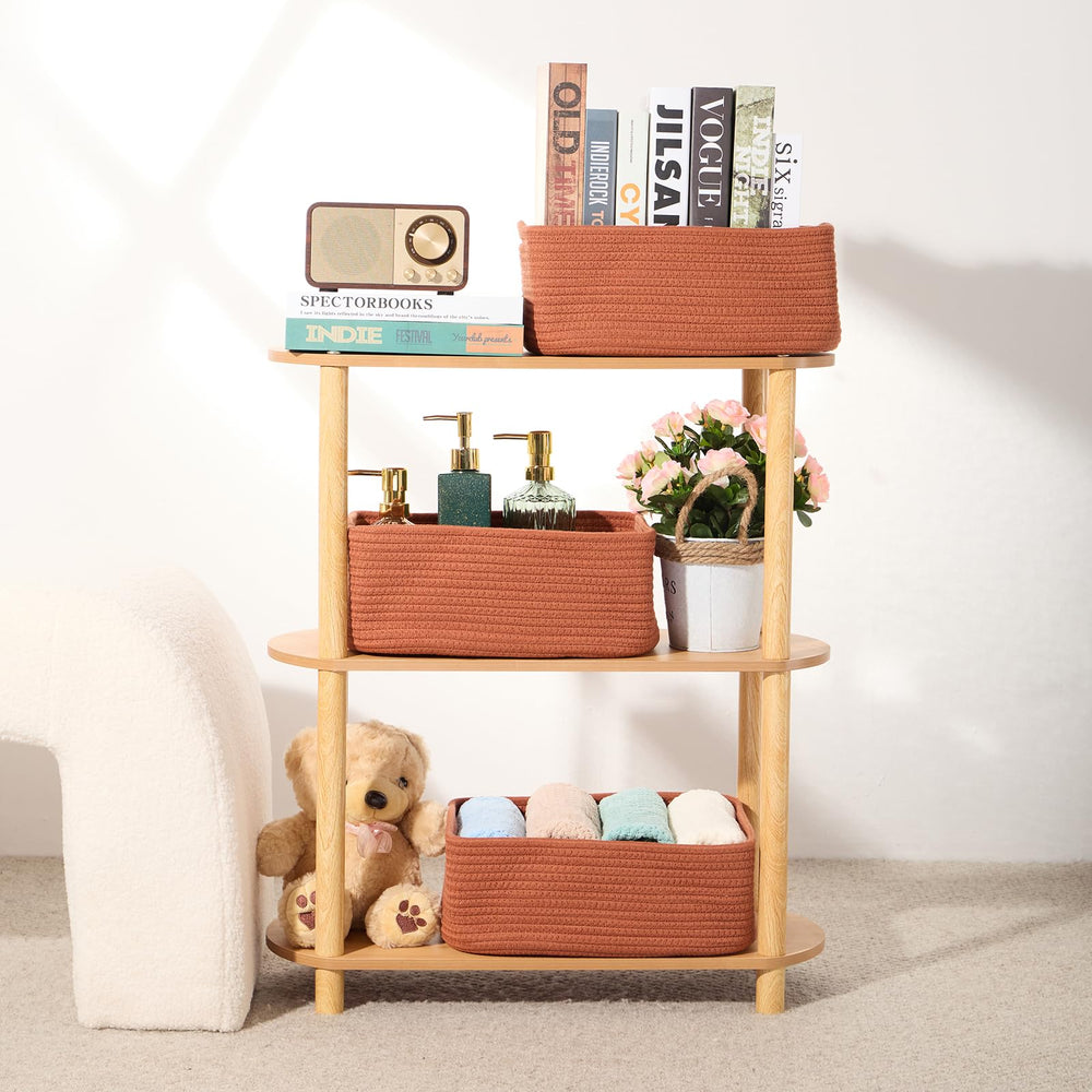 MiniArk shelf baskets tidy cosmetics, jewelry, and towels with easy access.
