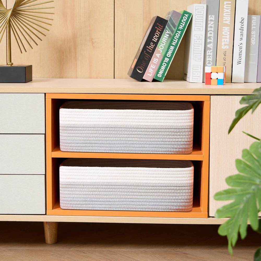 MiniArk shelves with these baskets demonstrate tidy storage for towels and cosmetics.