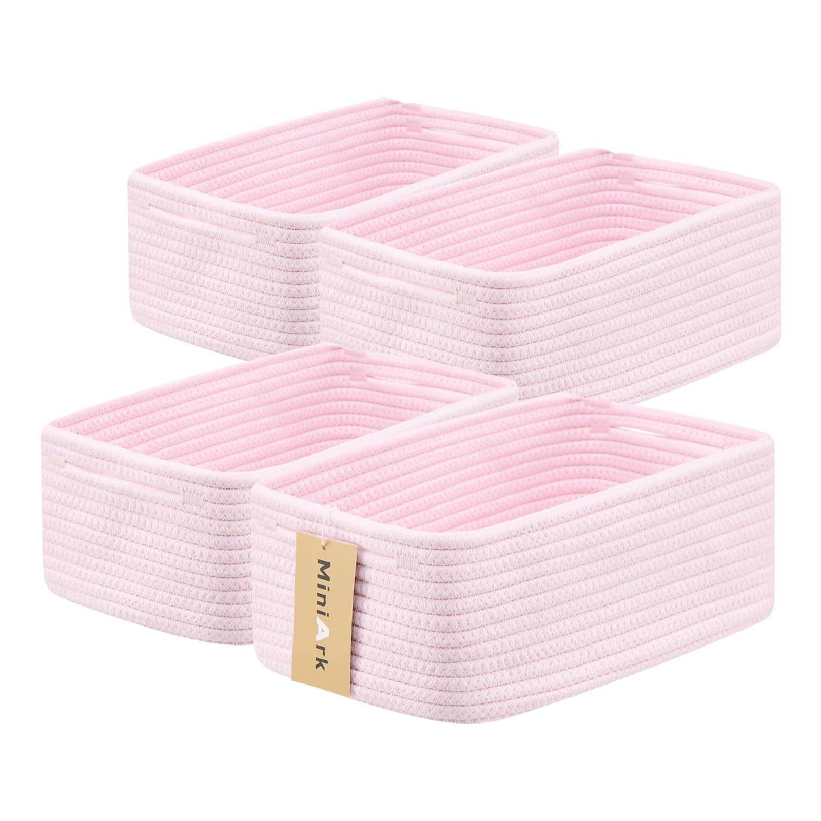 MiniArk small storage baskets 4-pack in light pink organizing cosmetics and toys.
