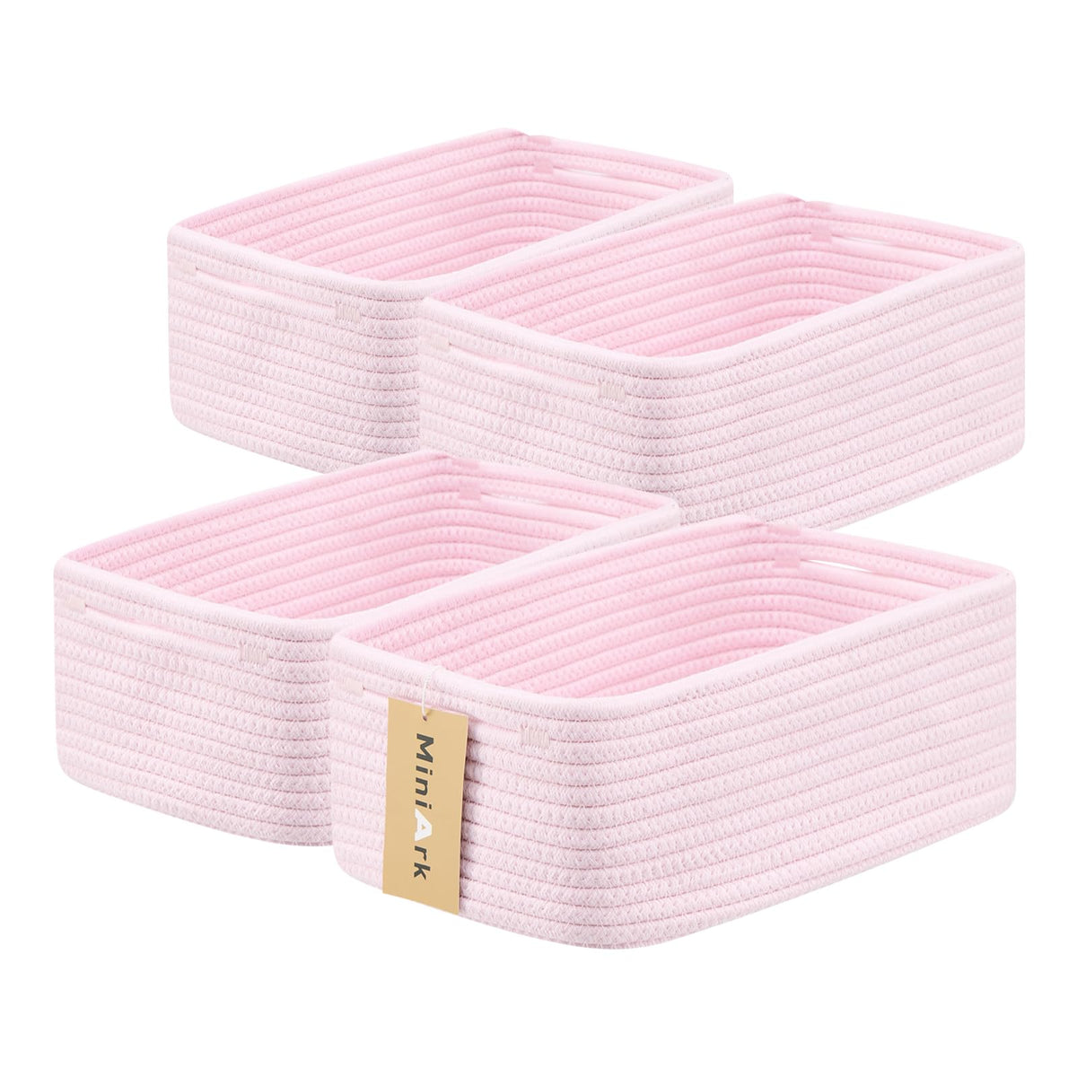 MiniArk small storage baskets 4-pack in light pink organizing cosmetics and toys.