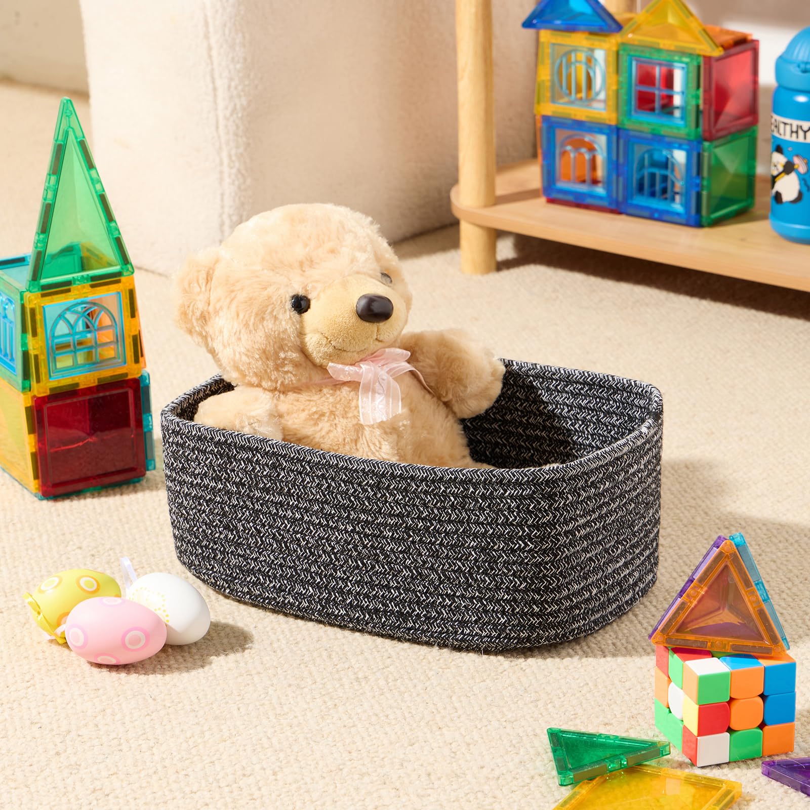 MiniArk small storage baskets dark gray in a drawer for cosmetics and accessories.