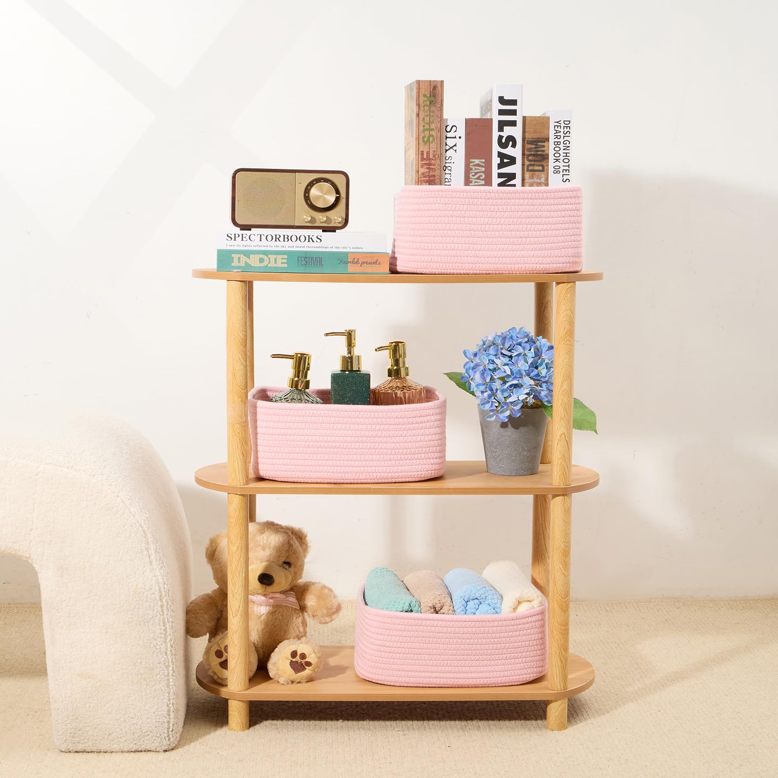 MiniArk shallow basket used for toys and snacks in playroom