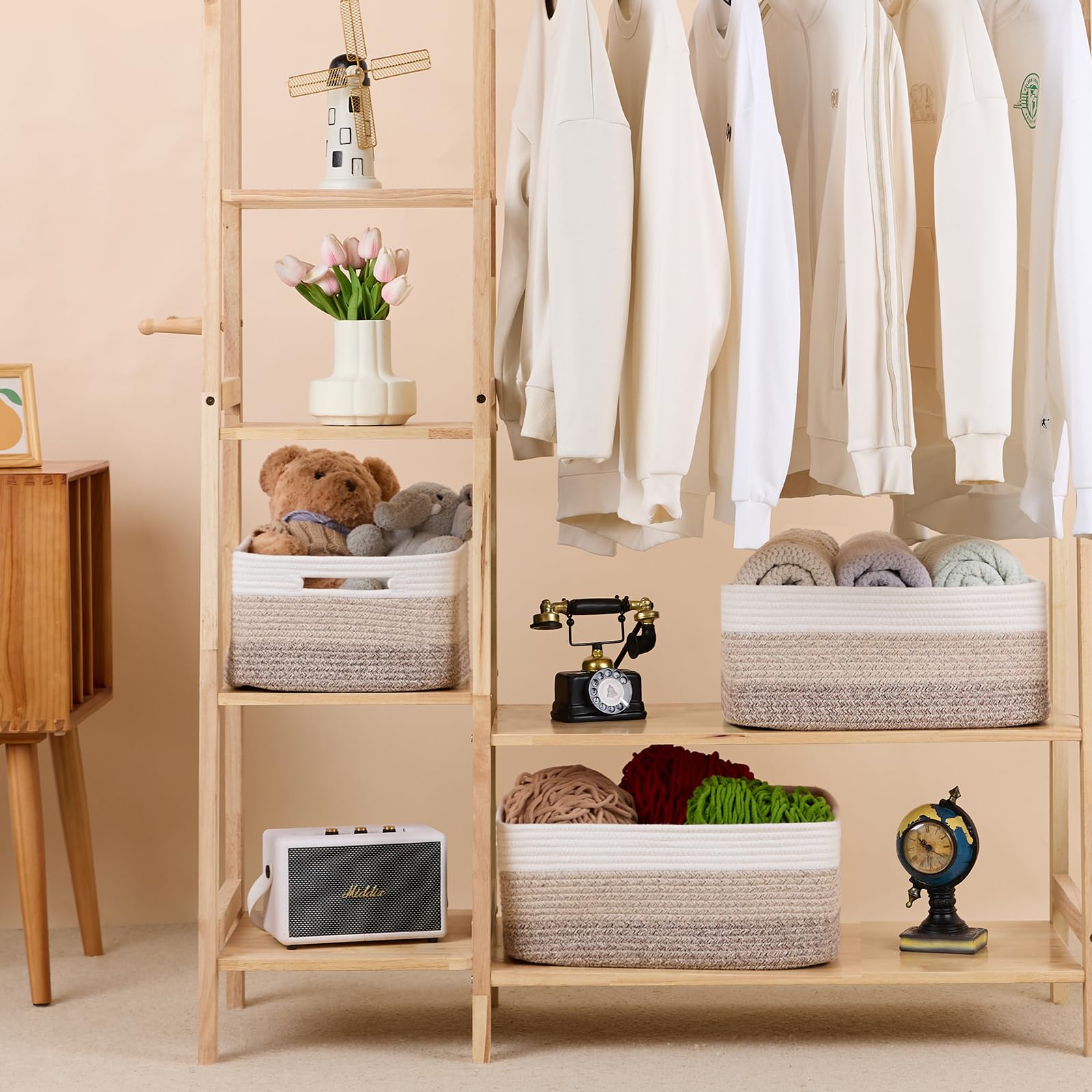 MiniArk woven rope basket modern design complementing shelves while reducing clutter.