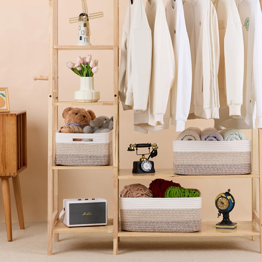 MiniArk woven rope basket modern design complementing shelves while reducing clutter.
