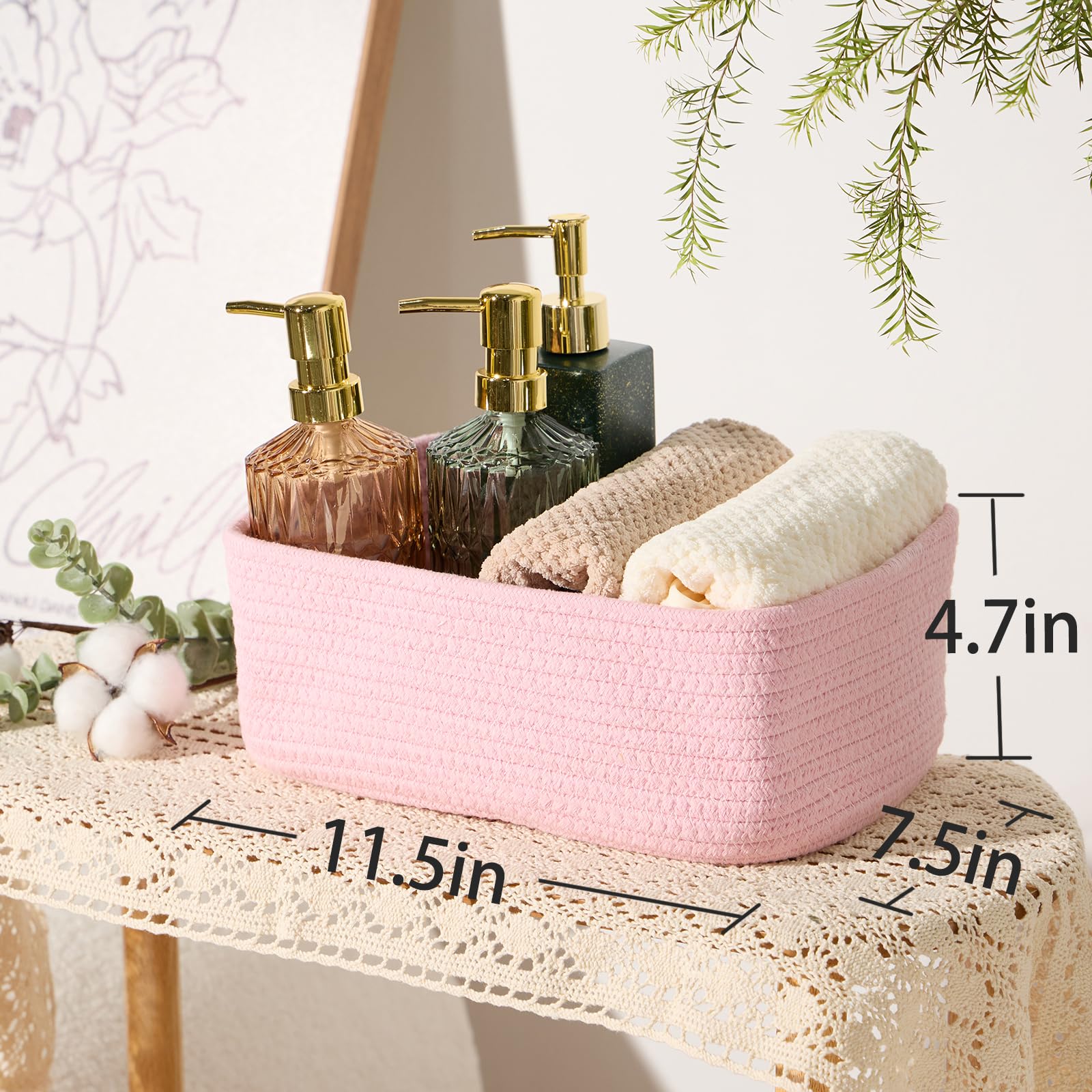 MiniArk woven rope basket pink close-up texture shows soft, durable rope for nursery items