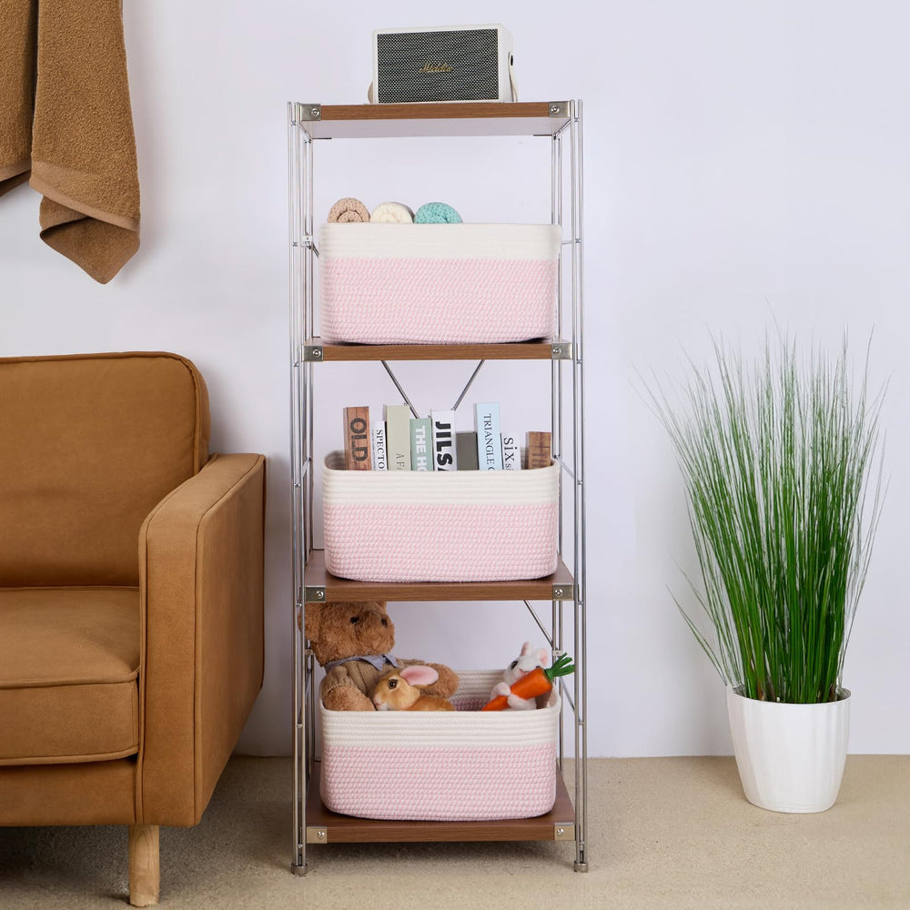 MiniArk pink woven toy bin tidies playroom toys.