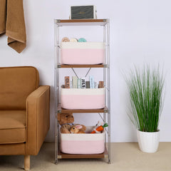 MiniArk pink woven toy bin tidies playroom toys.