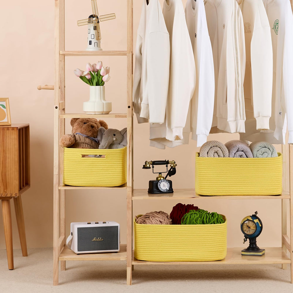 MiniArk yellow 3-pack baskets brighten closets while keeping blankets and towels tidy