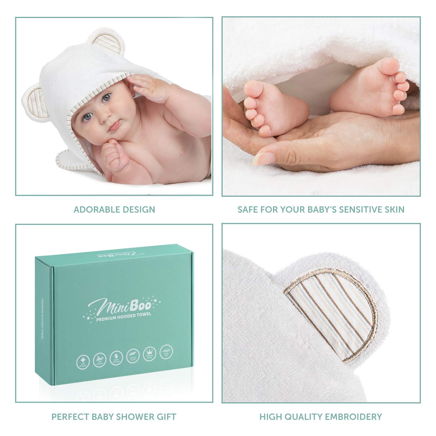 MINIBOO hooded towel 32x32 size fits growing babies comfortably