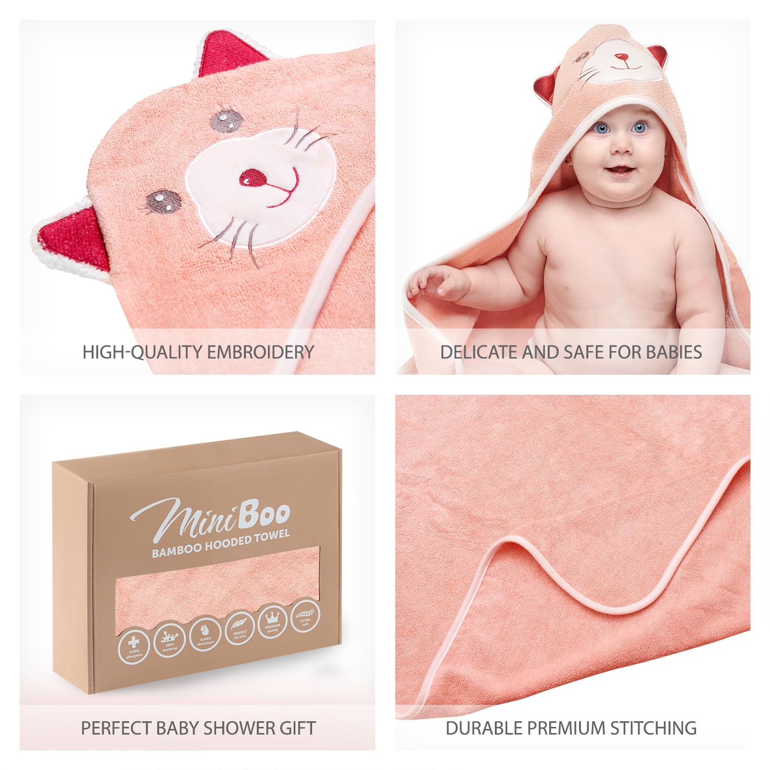 MINIBOO hooded towel large hood helps keep baby warm after bath safely