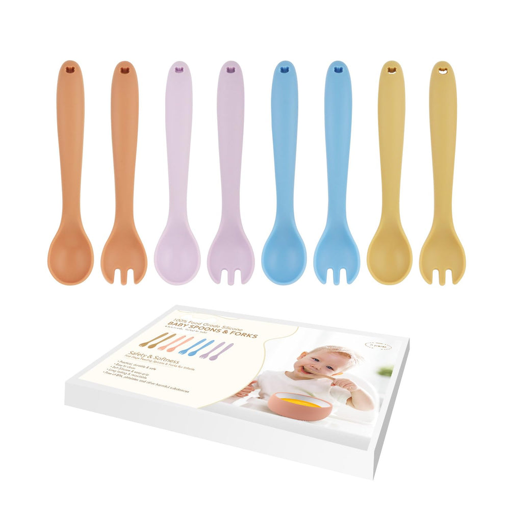 Miniguysa 8pc silicone toddler utensils set pack with colorful spoons and forks for self-feeding