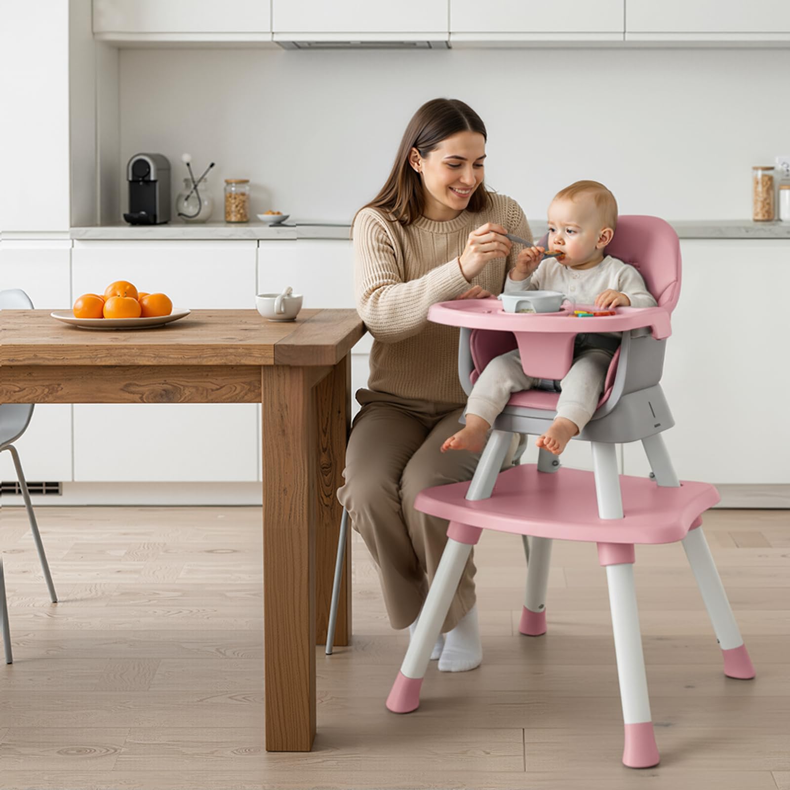 MiniKins 7-in-1 high chair child stool pink enables quick transitions between activities.