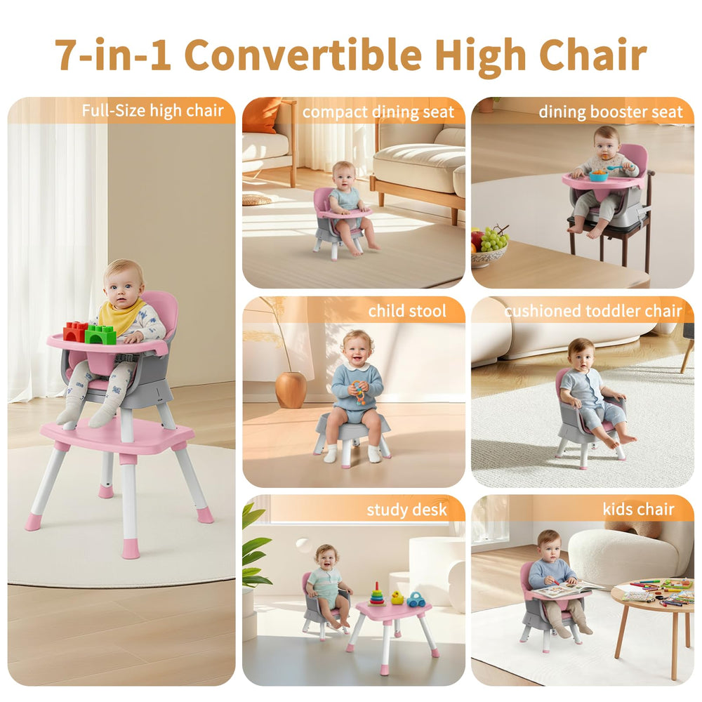 MiniKins 7-in-1 high chair compact dining seat pink fits small tables for convenient meals.