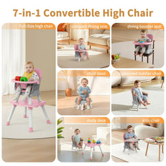 MiniKins 7-in-1 high chair compact dining seat pink fits small tables for convenient meals.