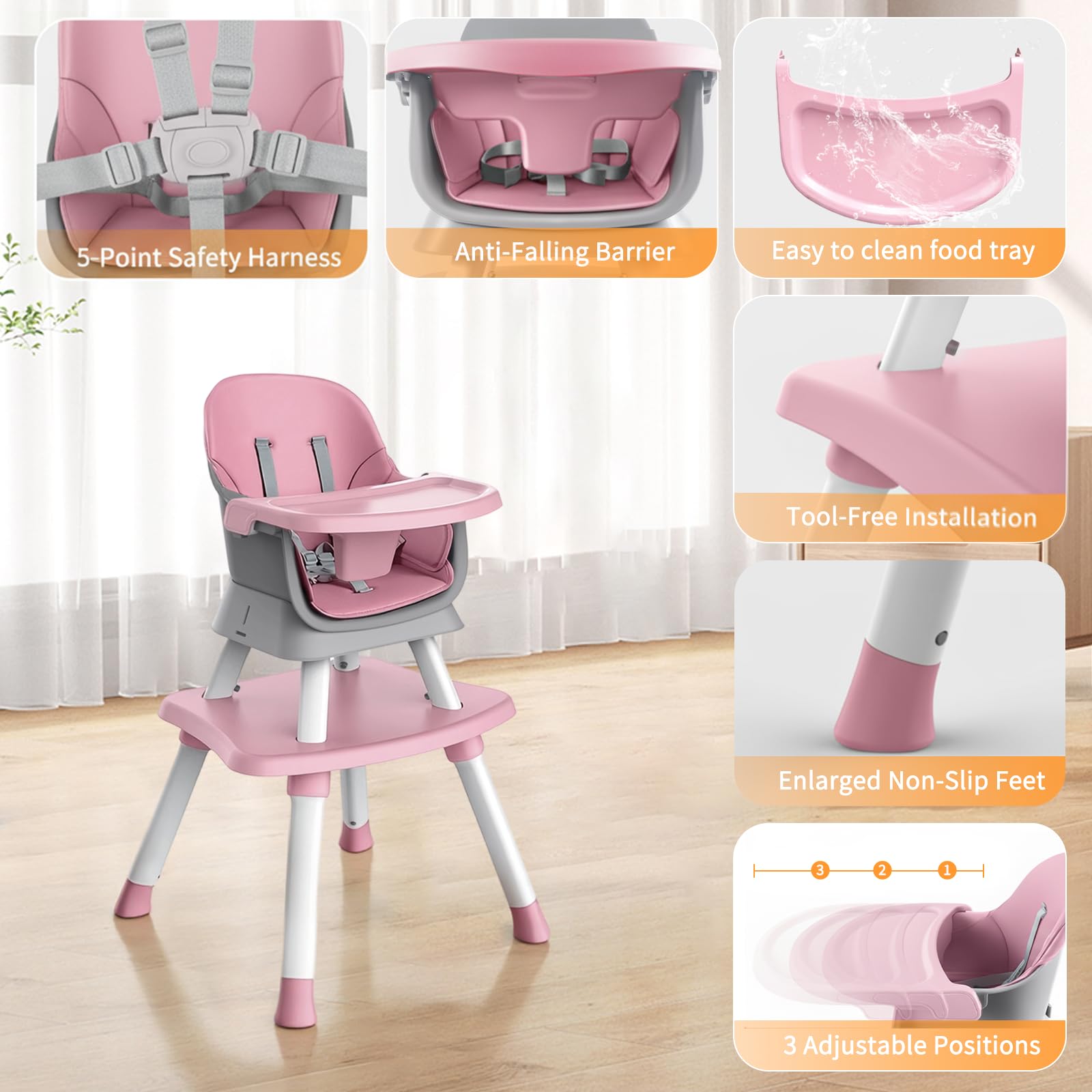 MiniKins 7-in-1 high chair cushioned toddler chair pink provides comfy seating during play and snacks.