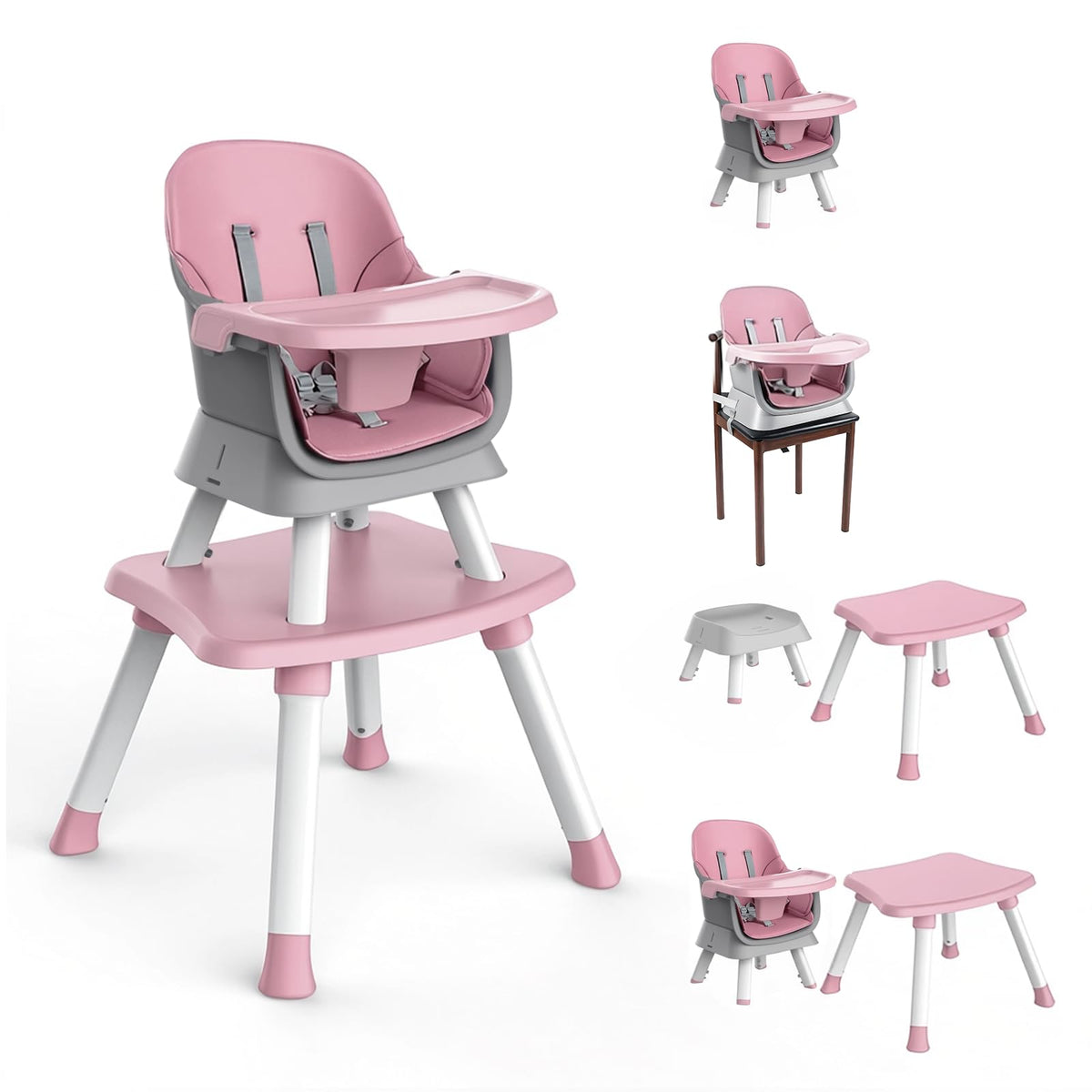 MiniKins 7-in-1 high chair full high chair pink offers a stable base for secure feeding.
