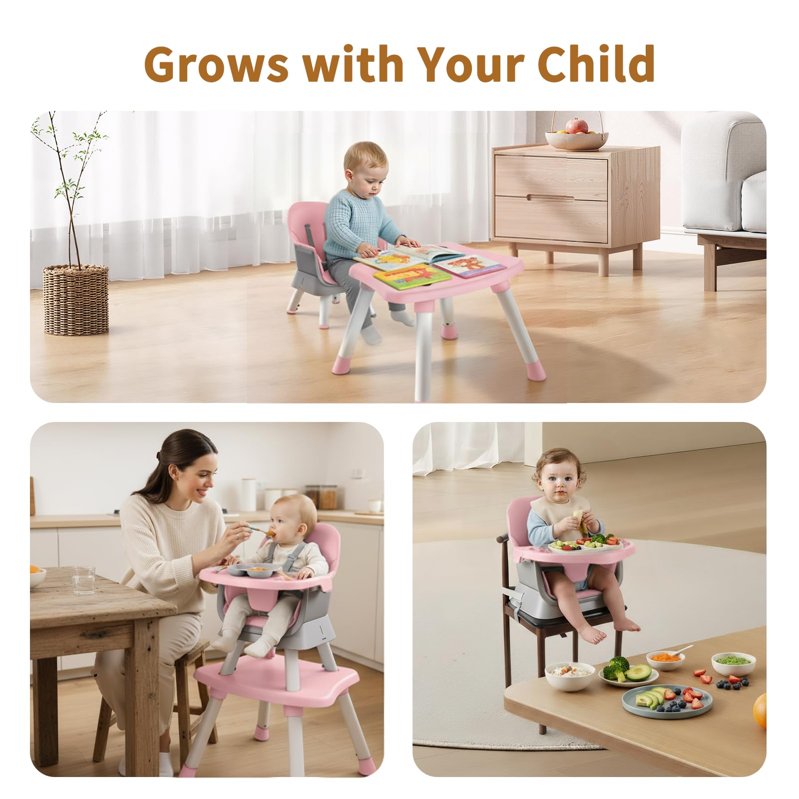 MiniKins 7-in-1 high chair study desk pink encourages light learning at mealtime.