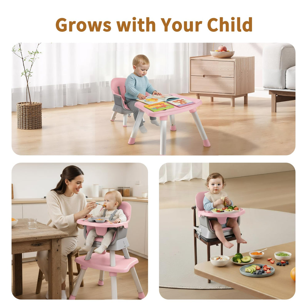 MiniKins 7-in-1 high chair study desk pink encourages light learning at mealtime.