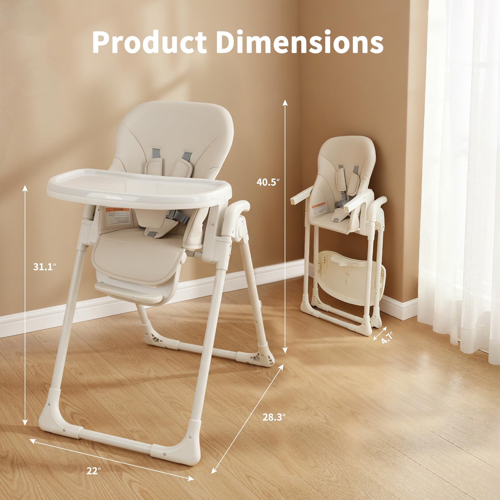 MiniKins high chair with adjustable tray in beige for flexible mealtime setup.