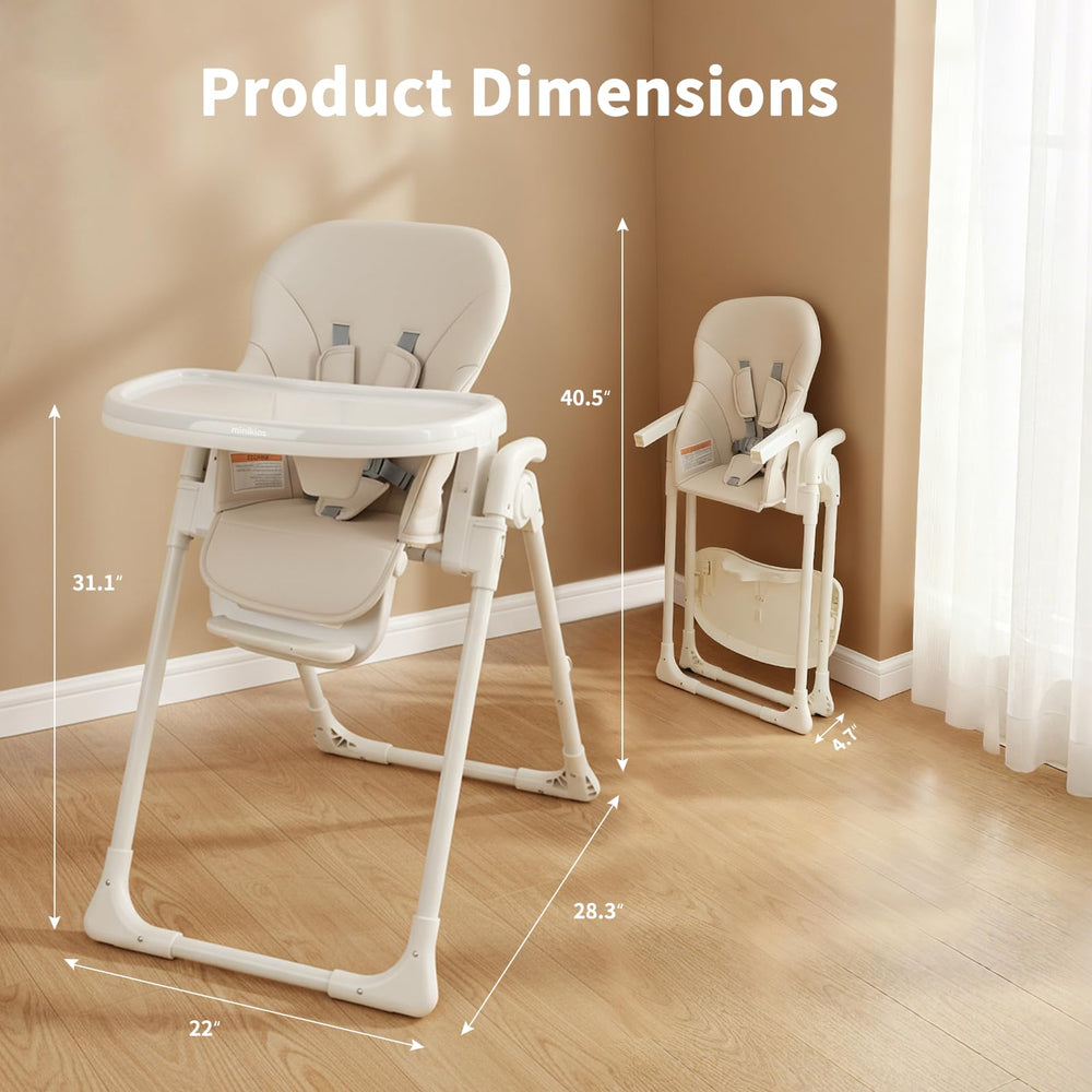 MiniKins high chair with adjustable tray in beige for flexible mealtime setup.