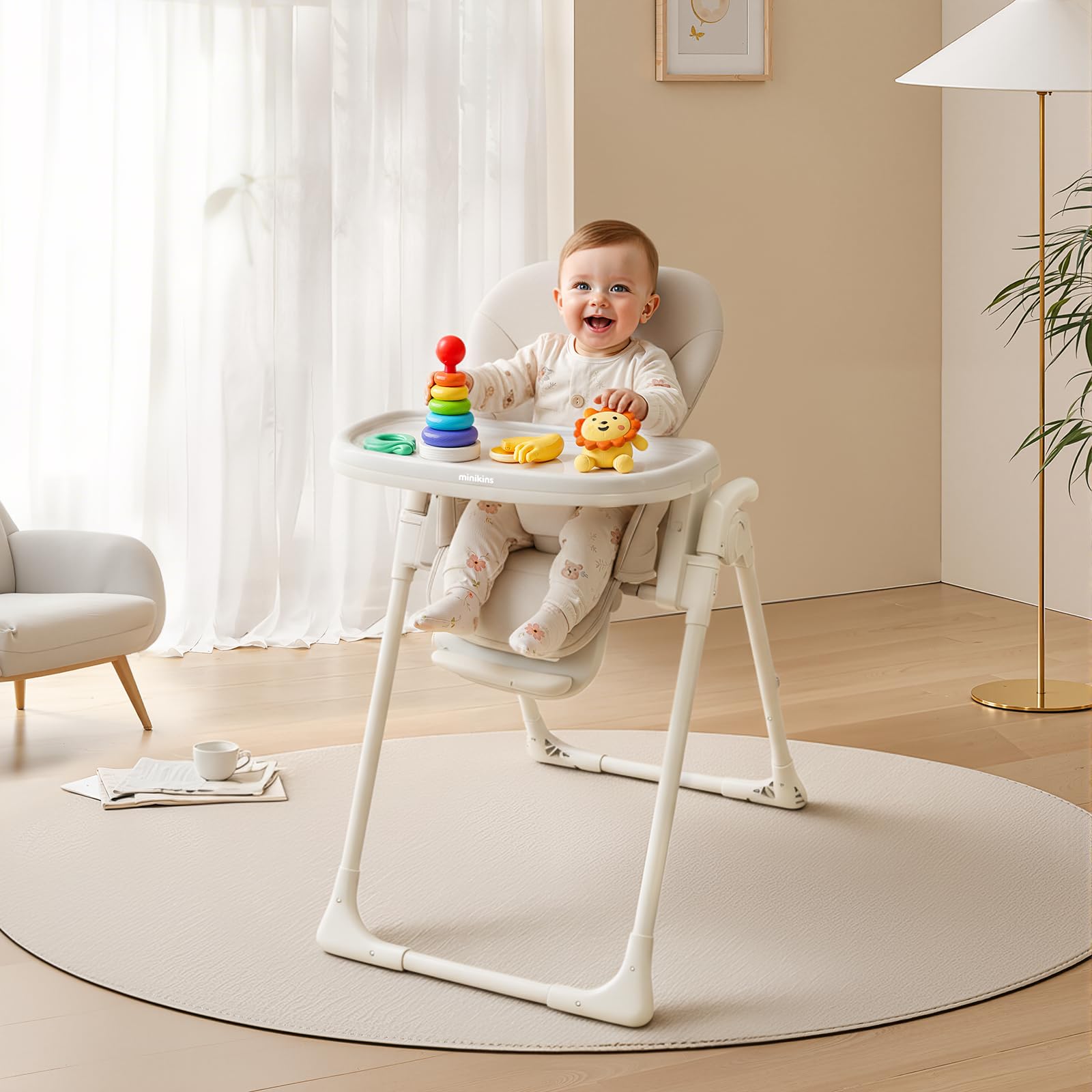 MiniKins high chair five-point harness in beige, secure seating during meals.