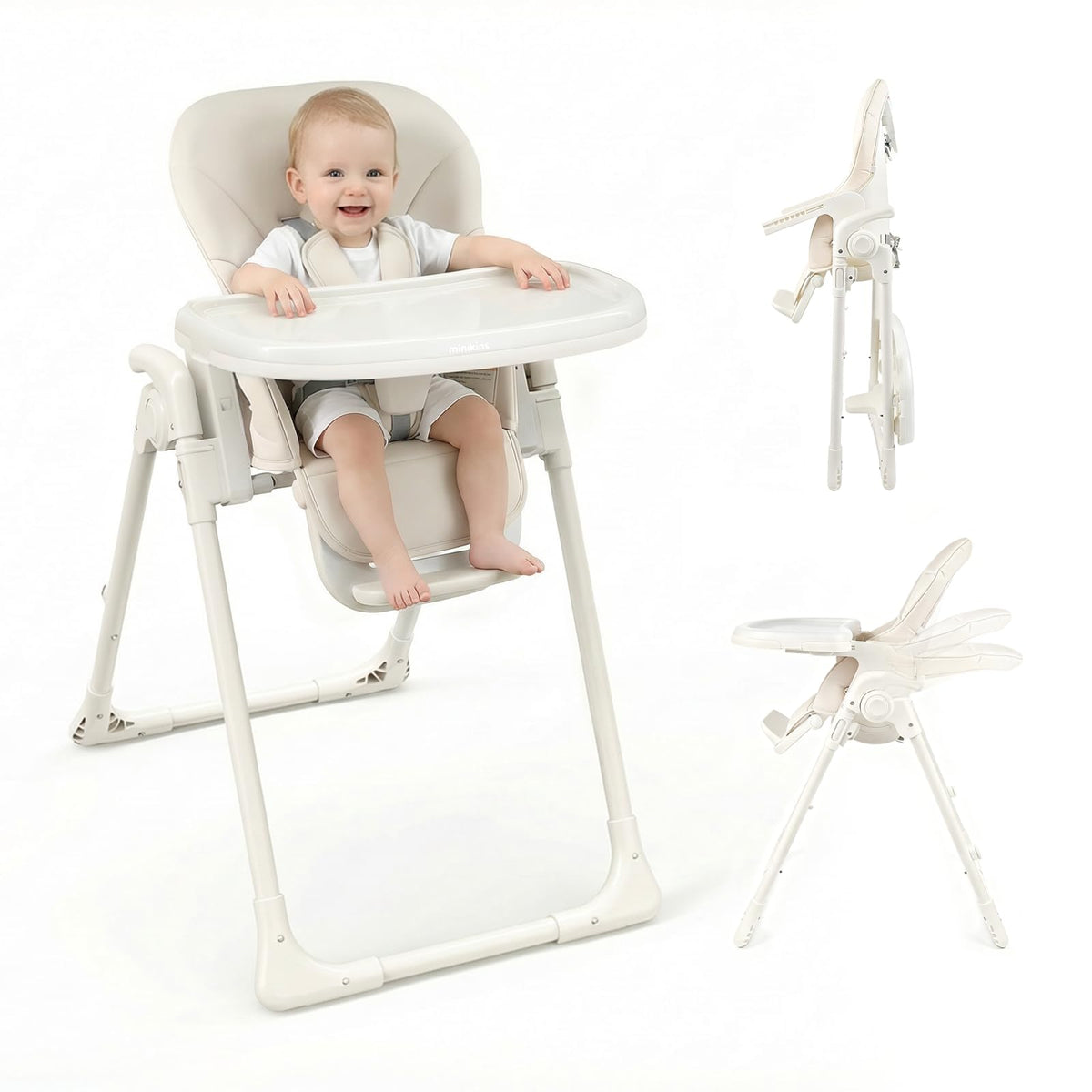 MiniKins high chair folded in beige, portable for travel and compact storage.