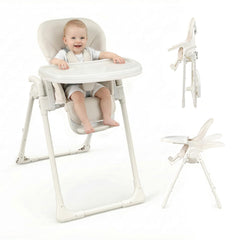 MiniKins high chair folded in beige, portable for travel and compact storage.