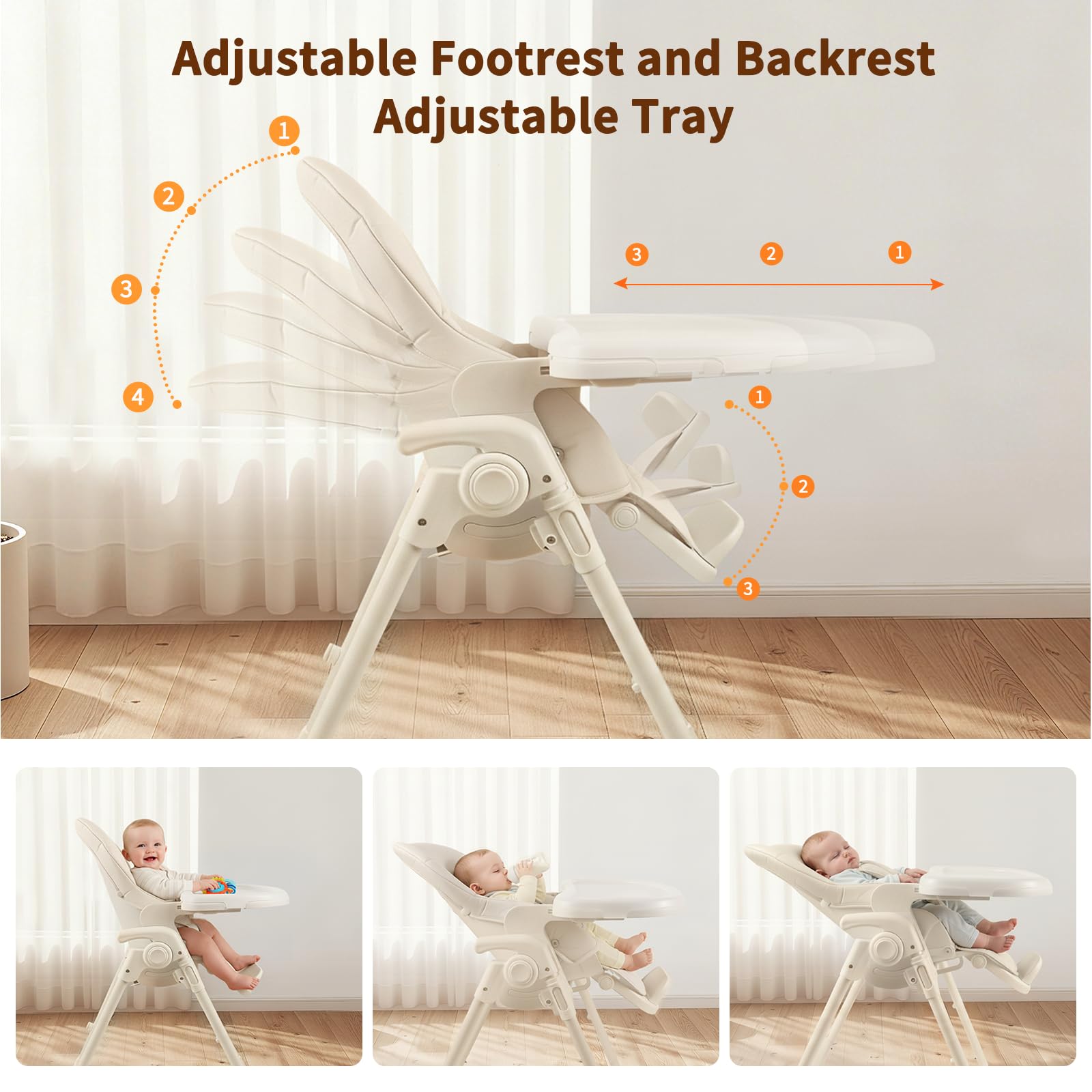 MiniKins high chair height adjustment in beige, grows with your child.