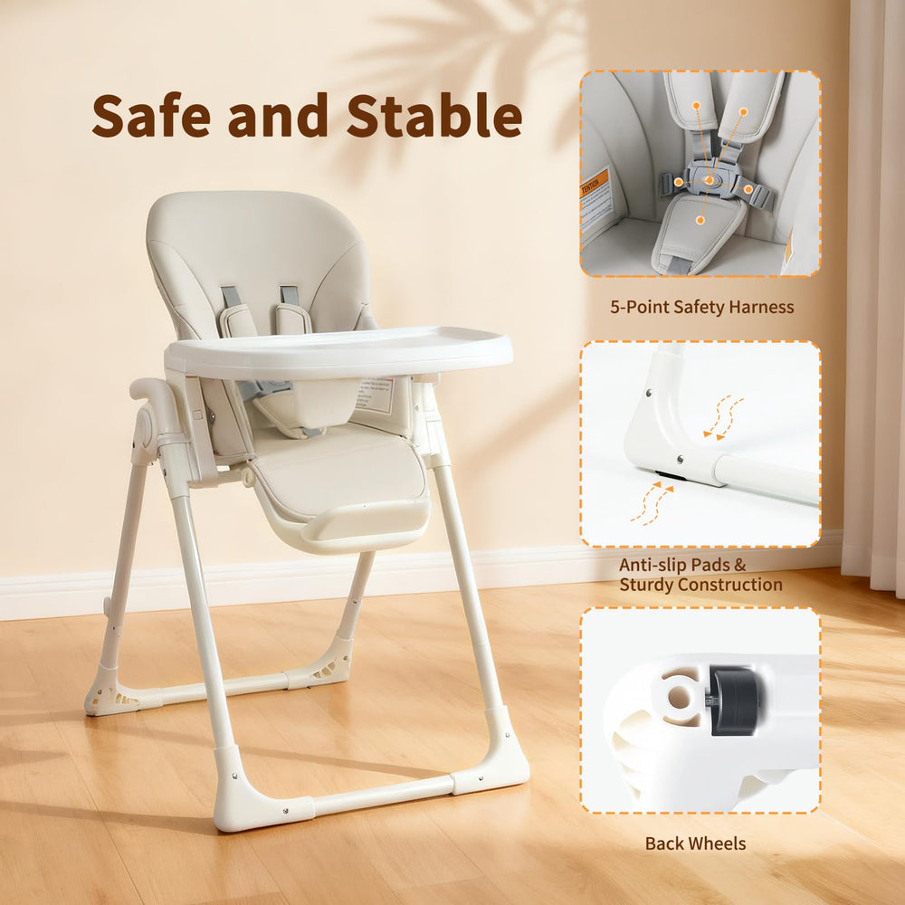 MiniKins high chair wipeable cushion in beige, quick cleanup after meals.
