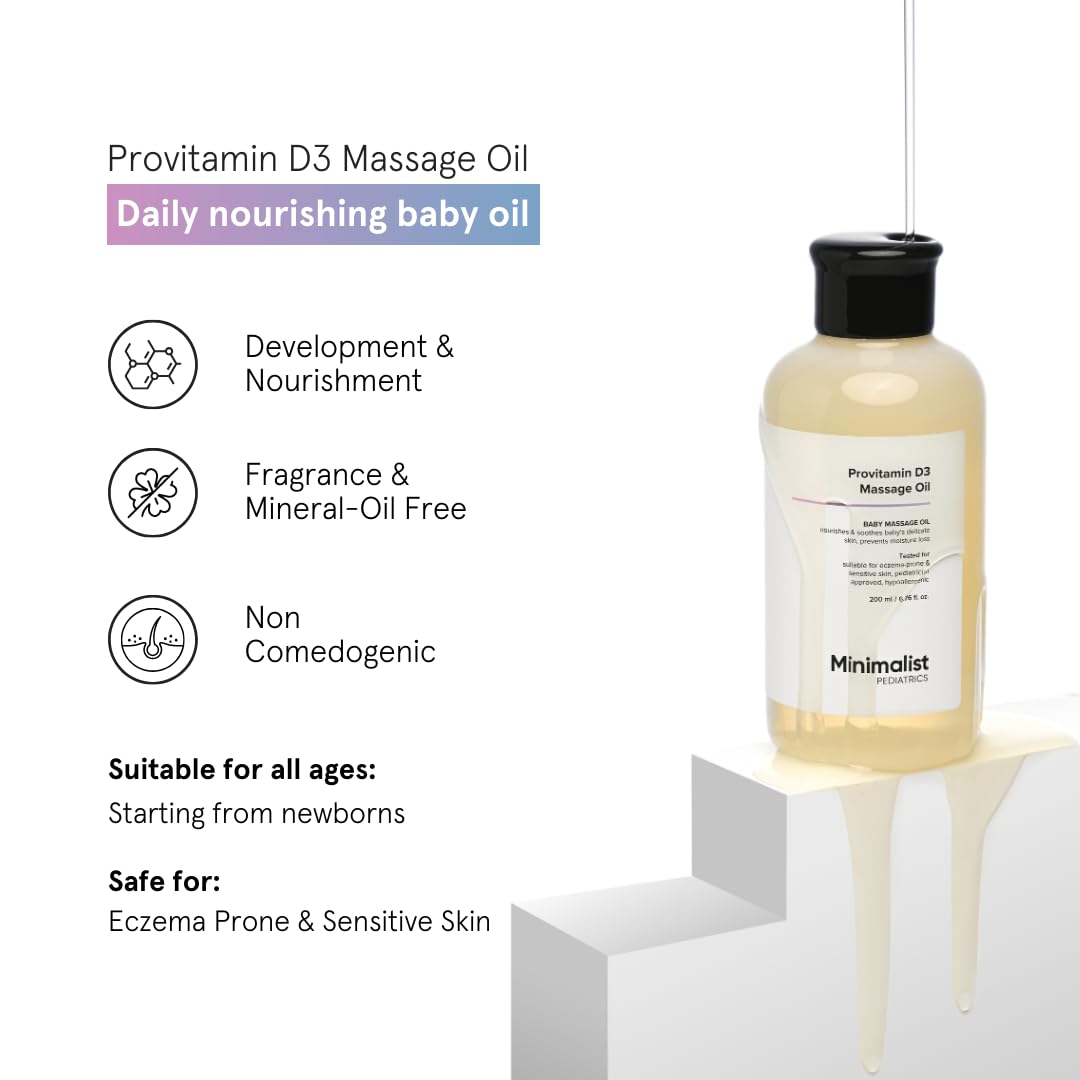 Minimalist baby massage oil with Provitamin D3 highlights nourishing ingredients