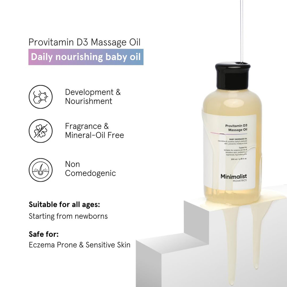 Minimalist baby massage oil with Provitamin D3 highlights nourishing ingredients