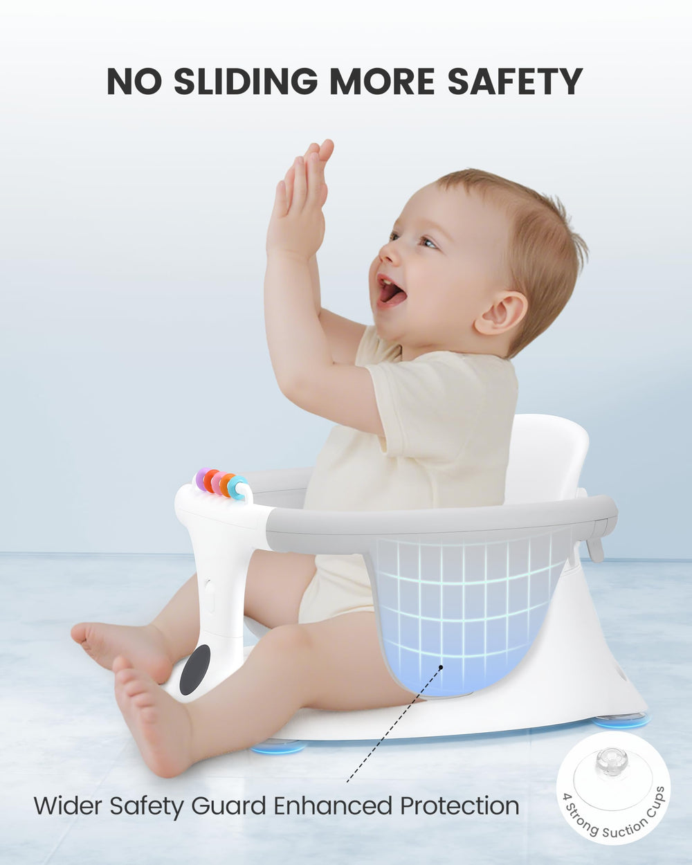 Minimiss bath seat with four non-slip suction cups keeps baby secure.
