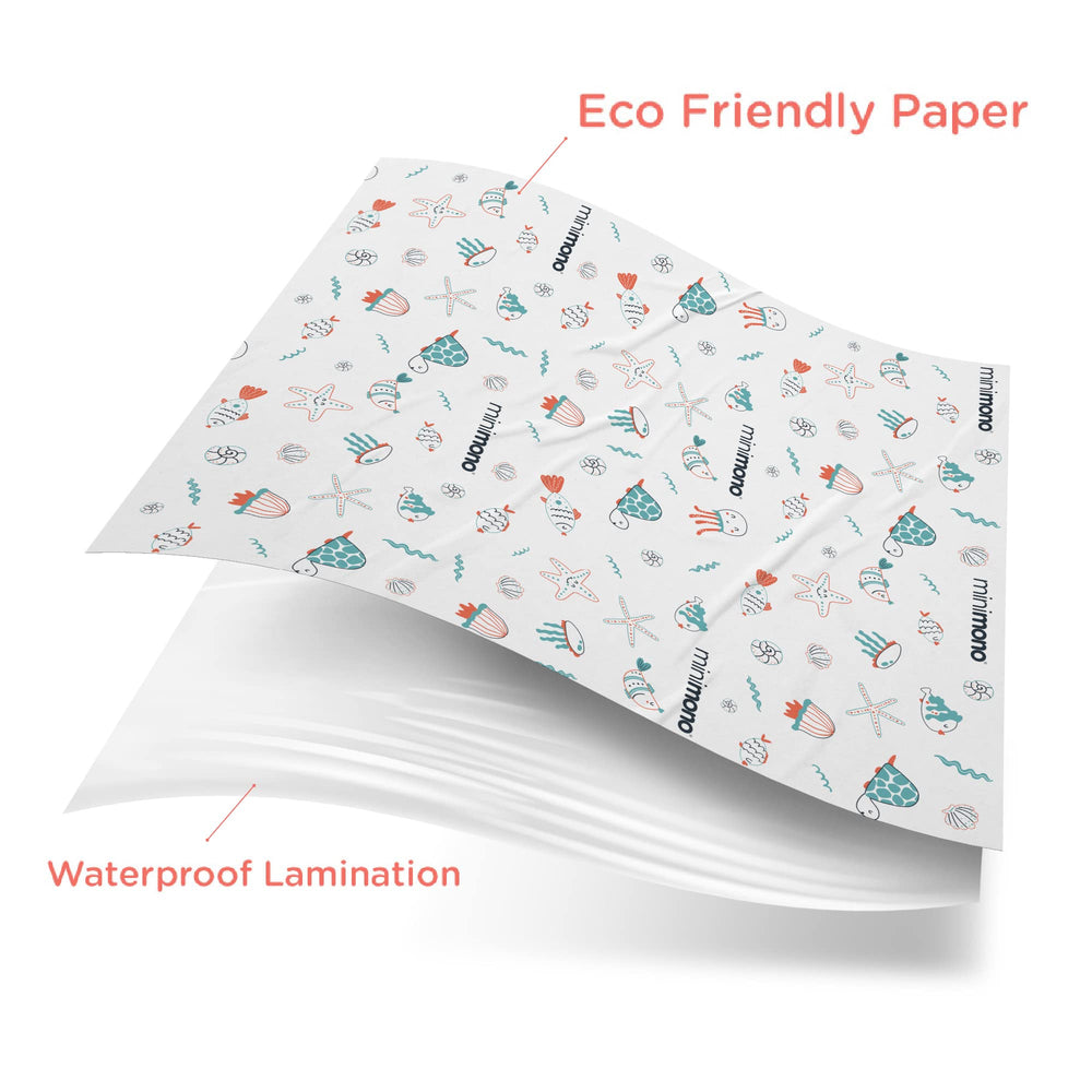 Minimono art and crafts session protected by waterproof disposable mat.