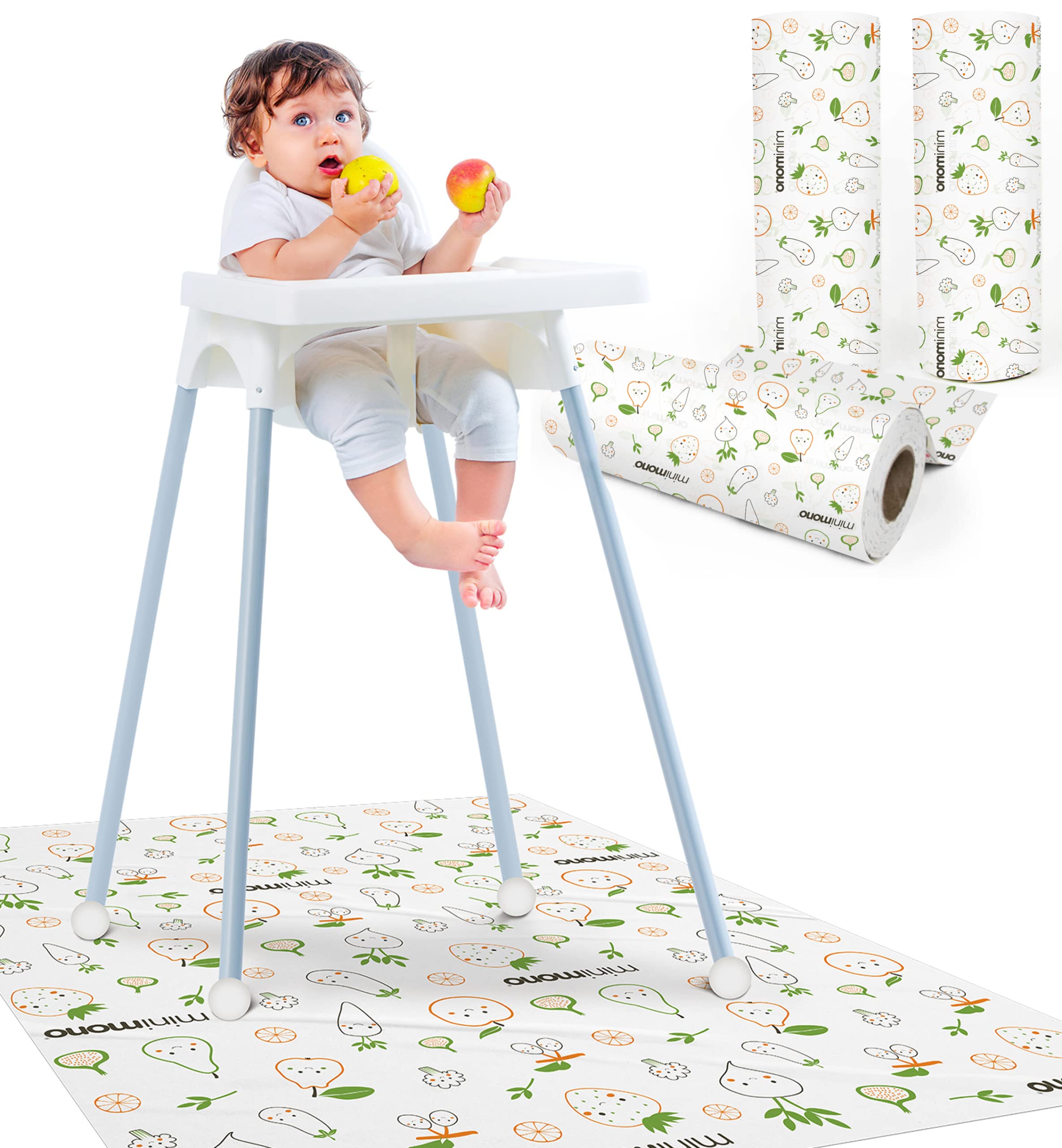 Minimono baby splat mat roll provides large spill protection for meals.