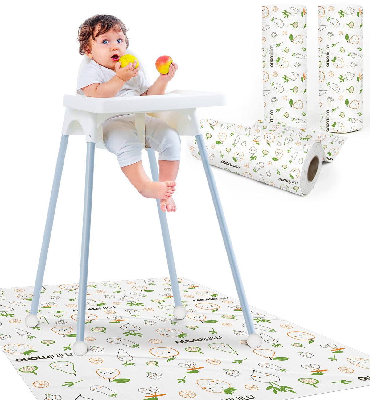 Minimono baby splat mat roll provides large spill protection for meals.