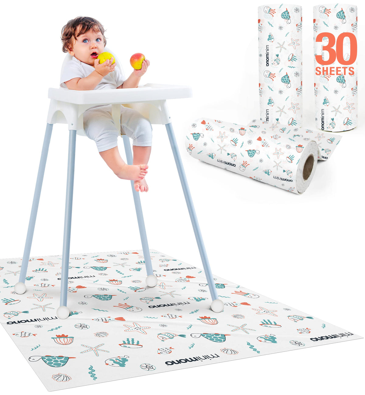 Minimono baby splat mat under high chair shields floors during messy mealtimes.