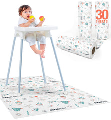 Minimono baby splat mat under high chair shields floors during messy mealtimes.