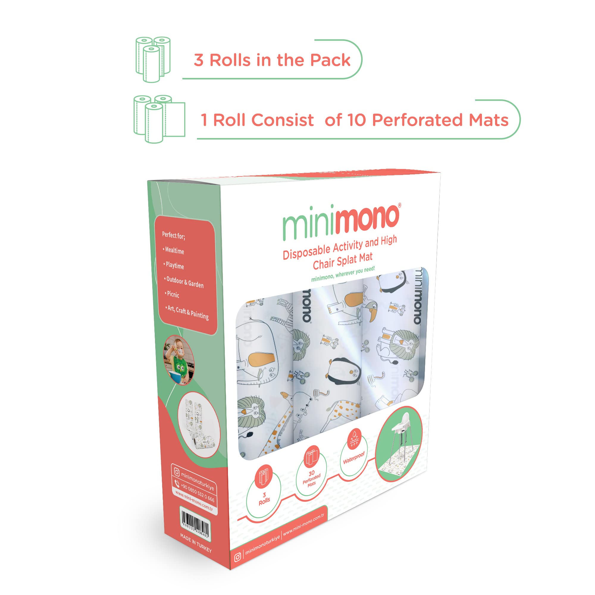 Minimono easy-carry mat fits a diaper bag for on-the-go mealtimes.
