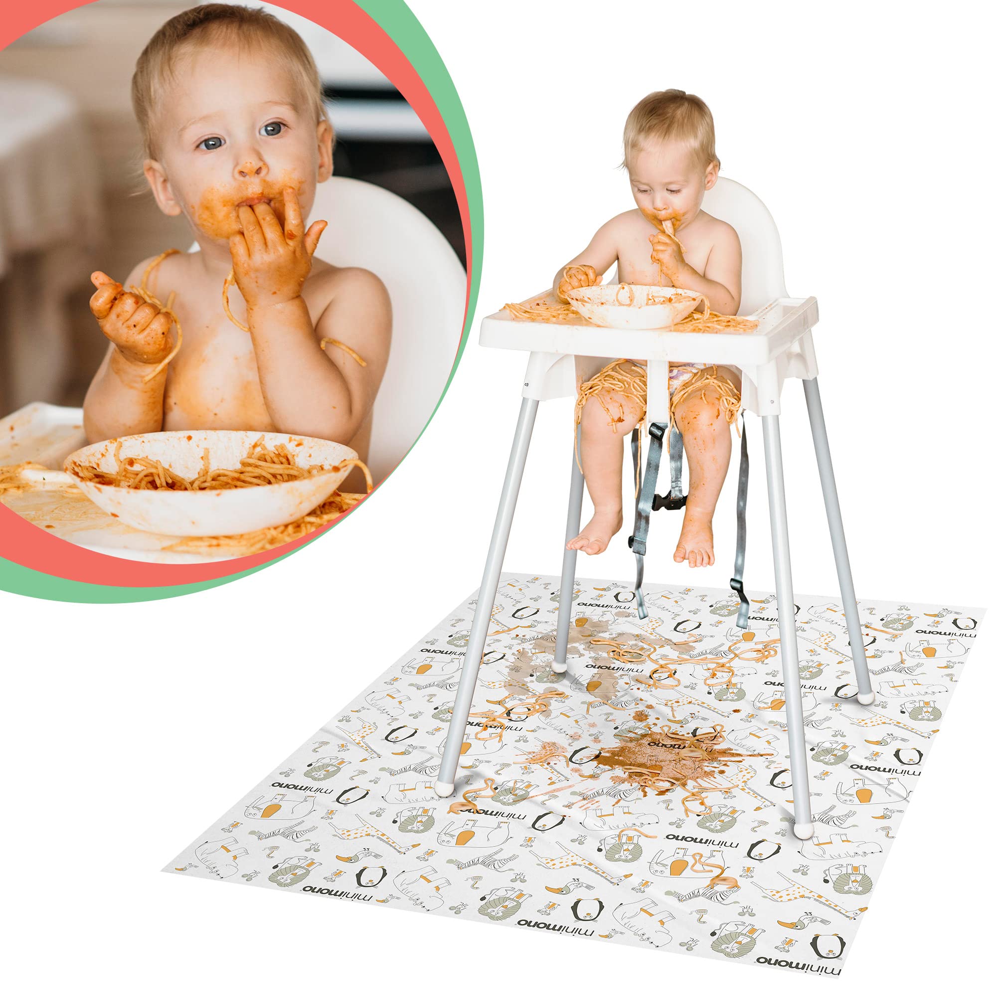 Minimono penguins-design splat mat makes mealtime playful and tidy.