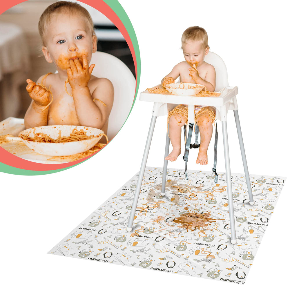 Minimono penguins-design splat mat makes mealtime playful and tidy.