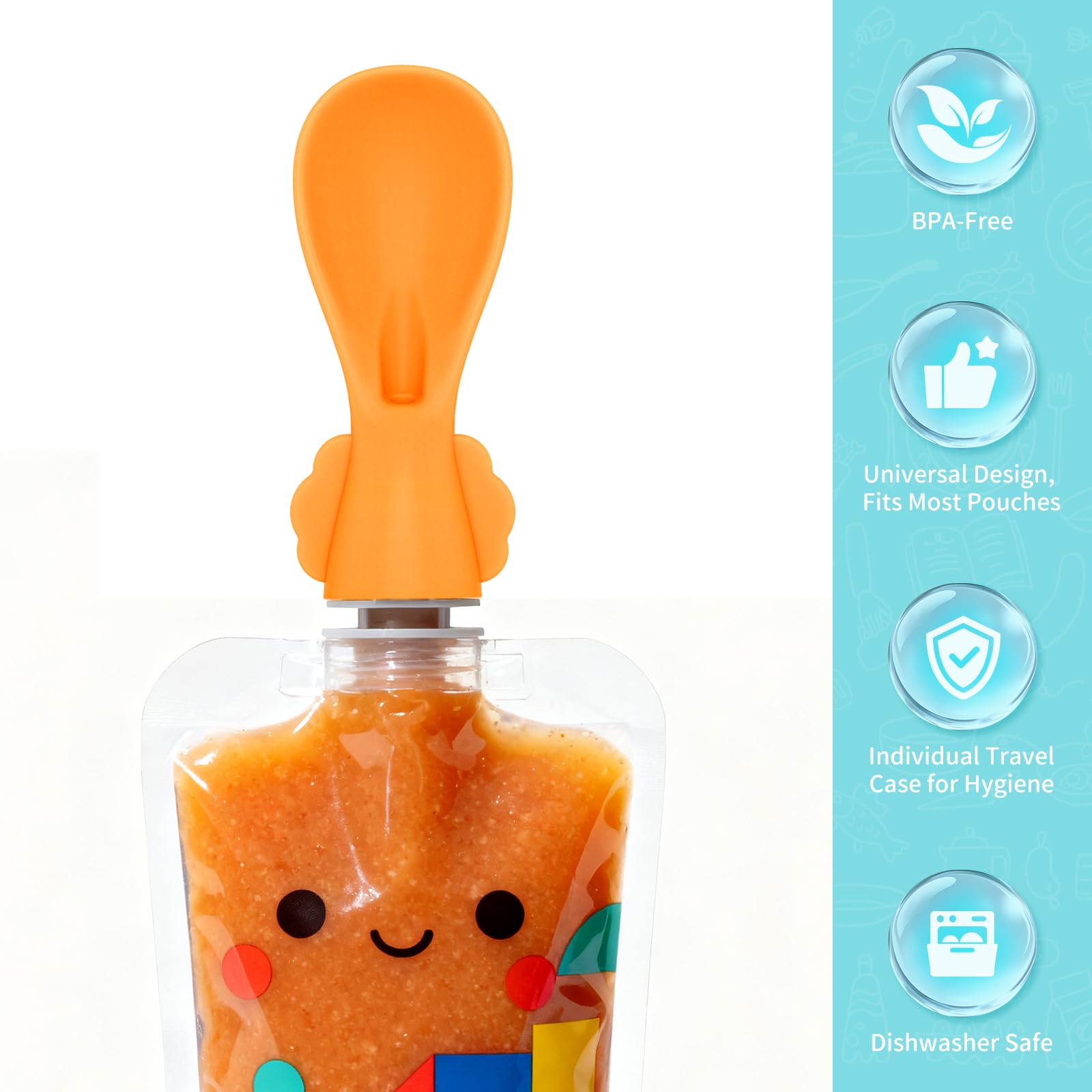 MiniMunch silicone baby food spoon highlights soft, flexible silicone for gentle feeding.