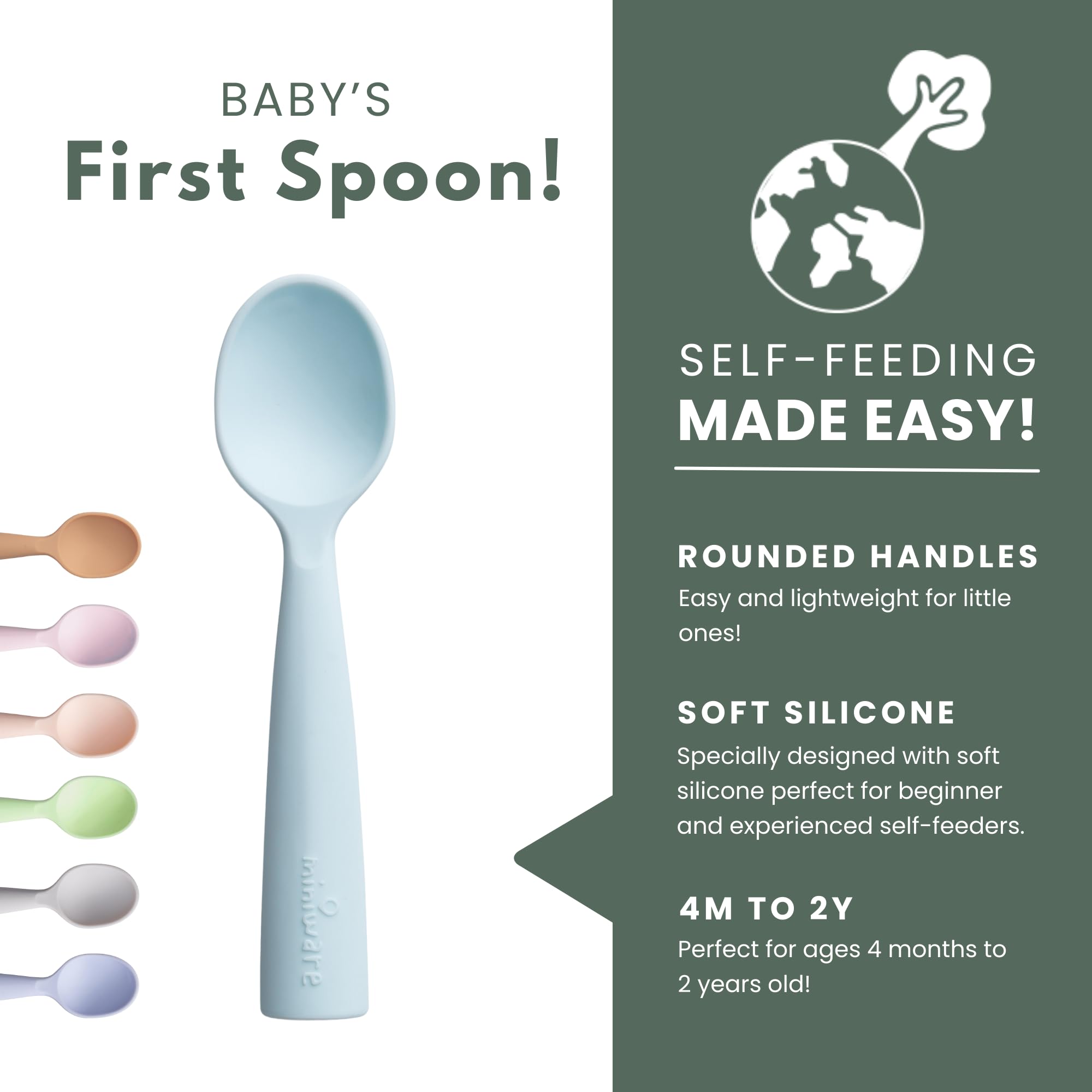 Miniware baby spoons for self-feeding in aqua highlight comfortable grip.