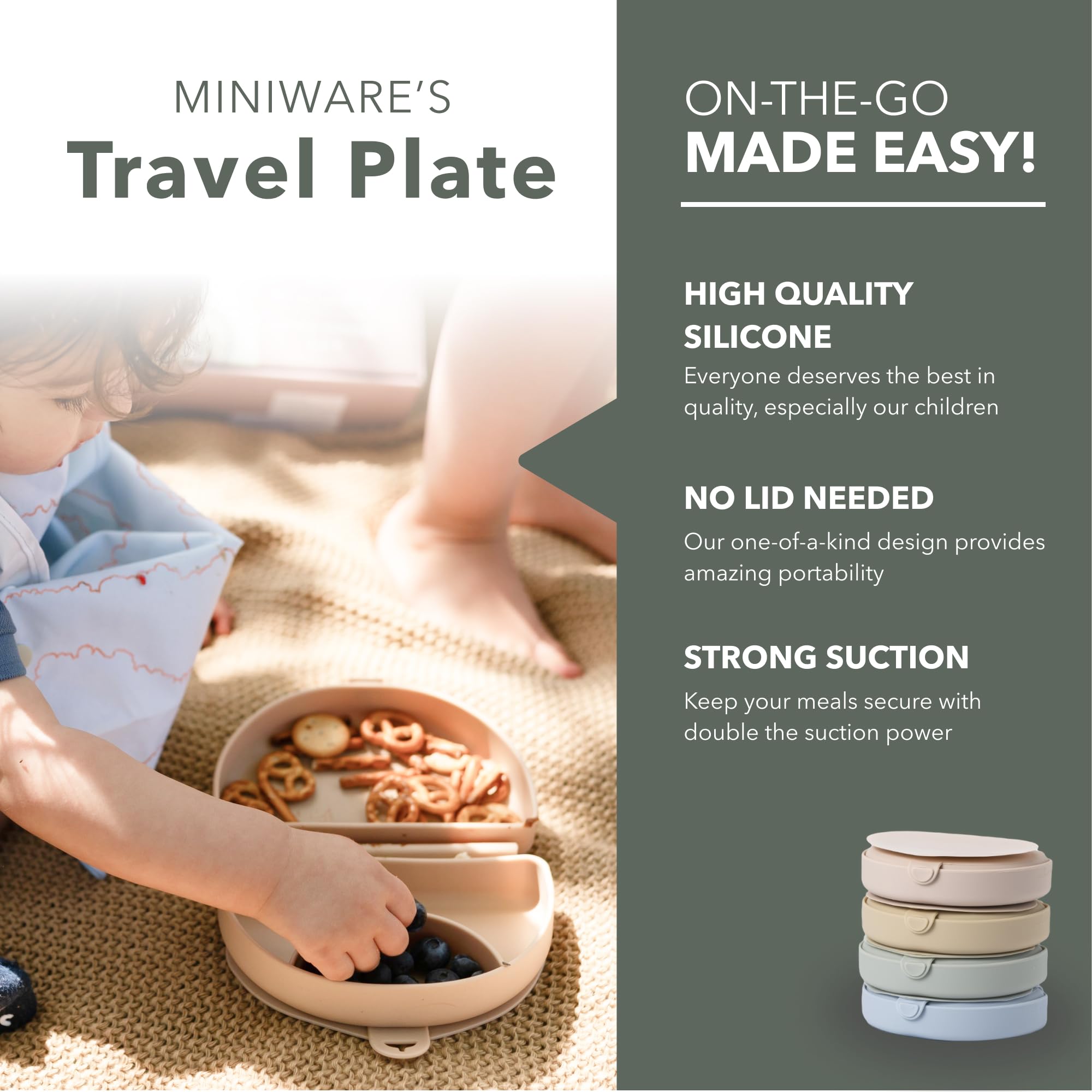 Miniware Silifold travel plate open with two compartments for self-feeding.