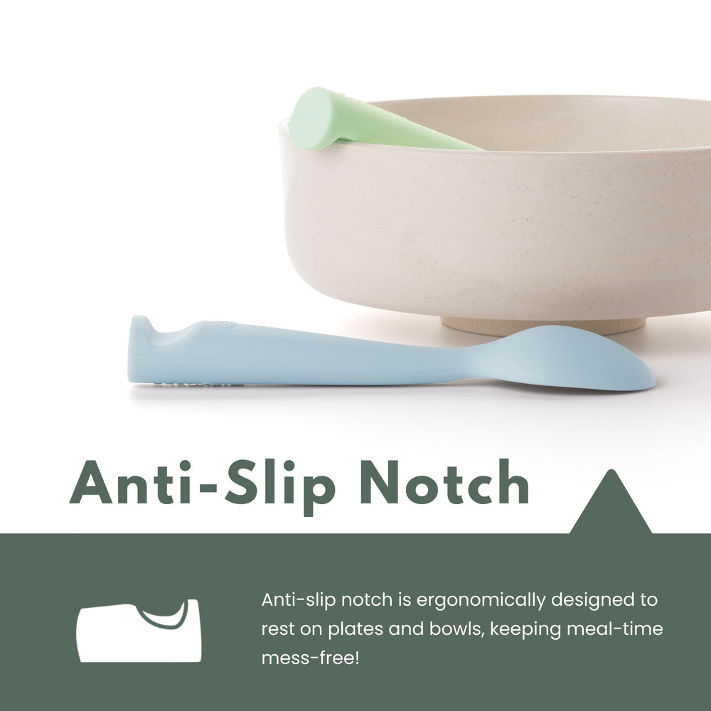 Miniware soft silicone spoons close-up emphasize gentle gums-friendly texture.