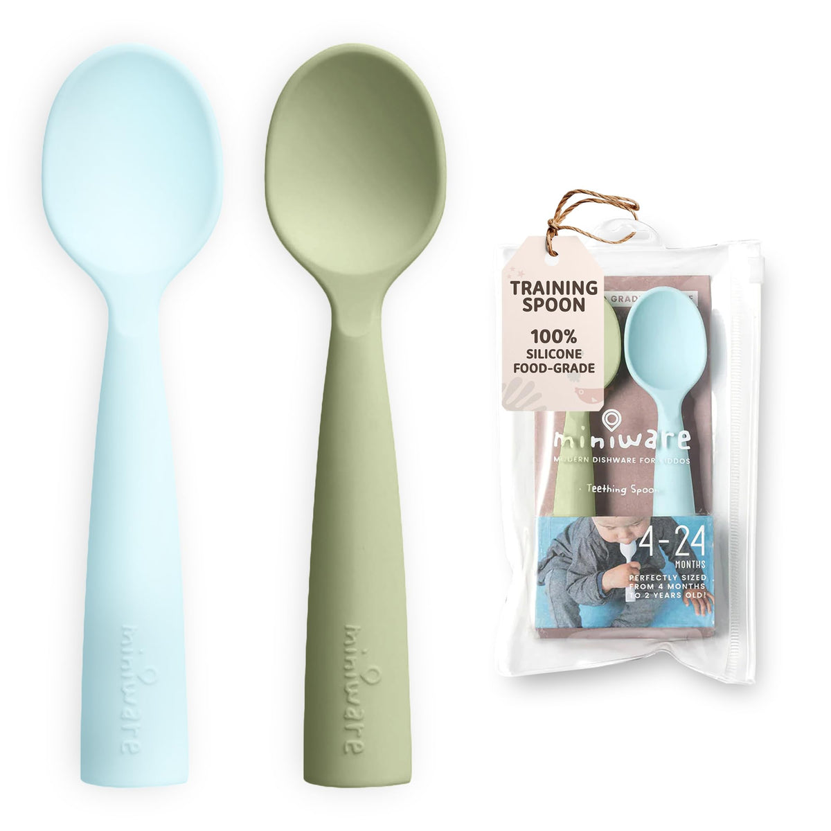 Miniware training spoons in aqua and pistachio with anti-slip design for mess-free feeding.