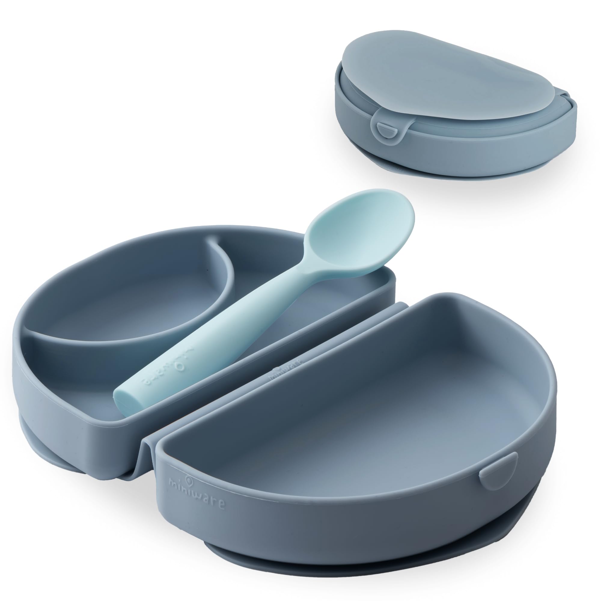 Miniware Fold & Scoop plate aquamarine for compact travel meals.