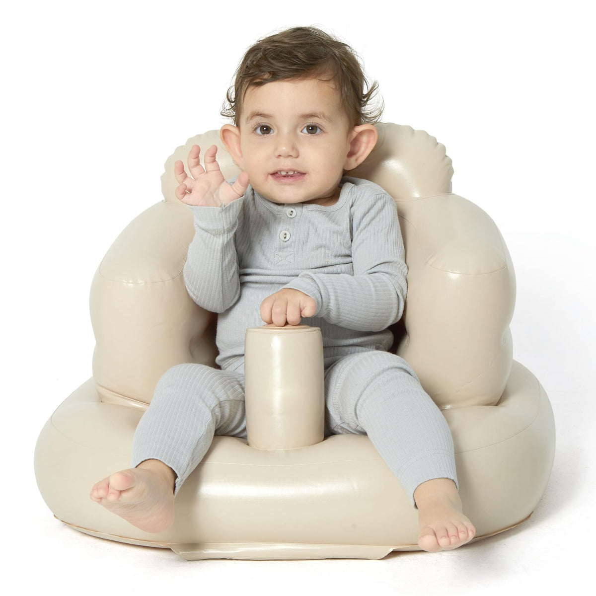 Mink inflatable baby seat khaki side view with 360° support for safe sitting practice.