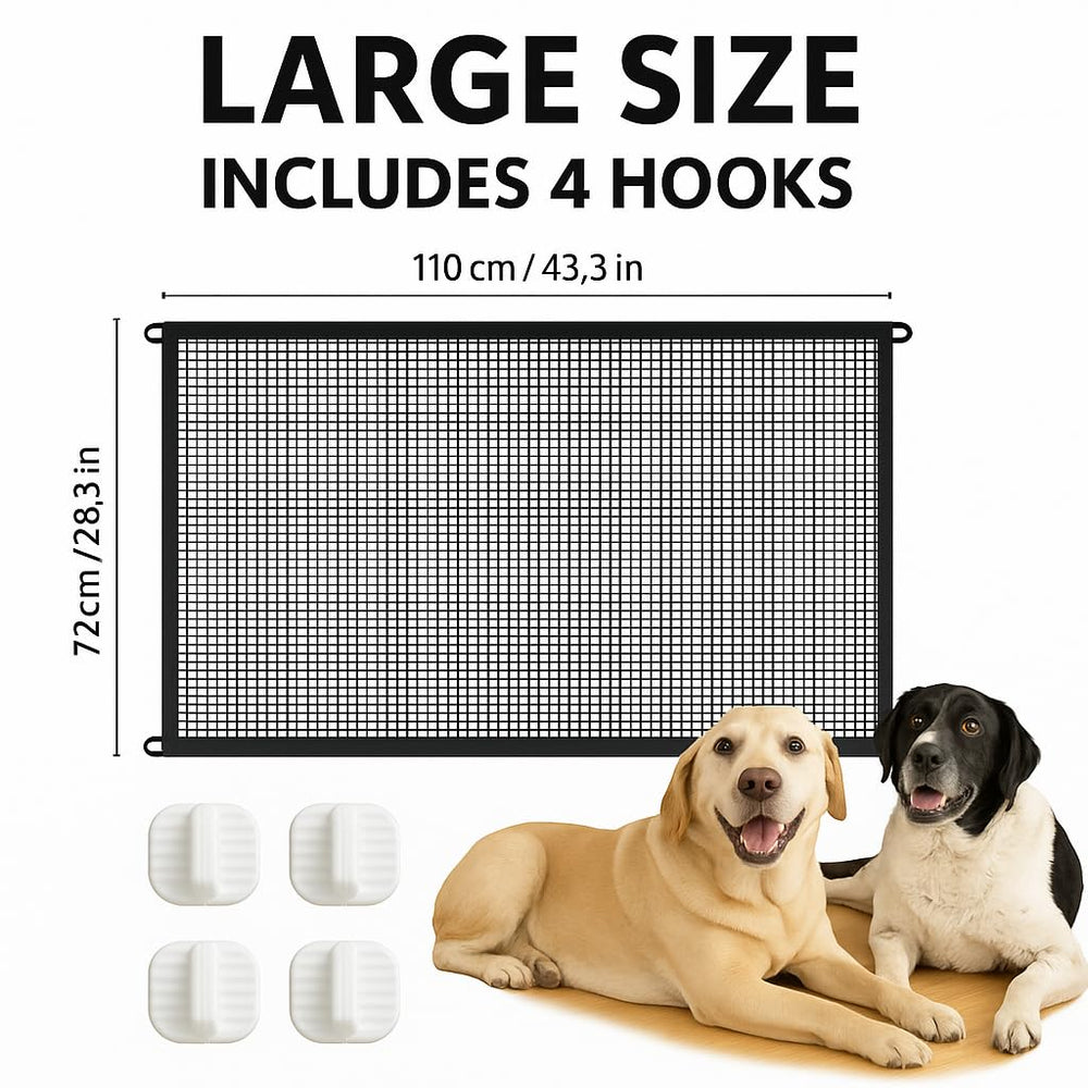 Minlend Pet Gate Mesh mounted with adhesive hooks for damage-free installation.