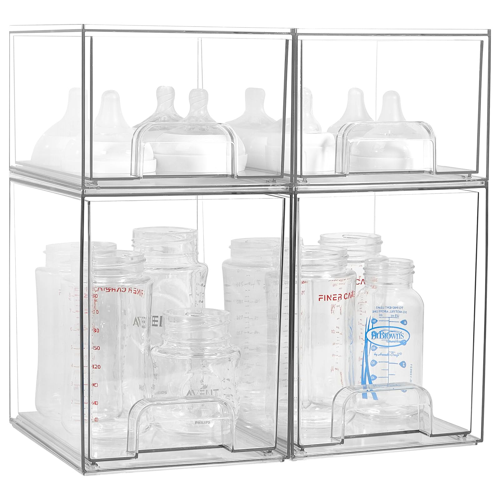 MINMUNJIU baby bottle organizer front view with clear stackable drawers for easy access