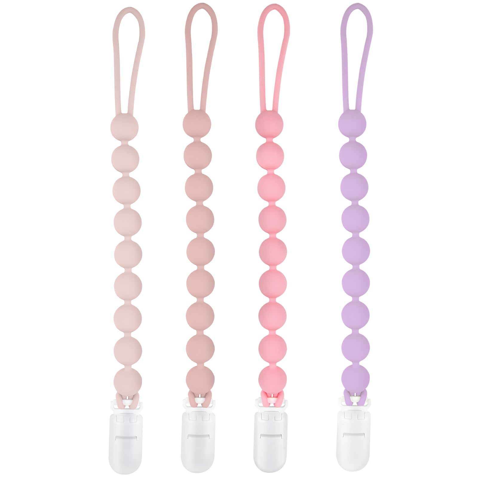 MINMUNJIU four-pack silicone pacifier clips displayed for baby outfits